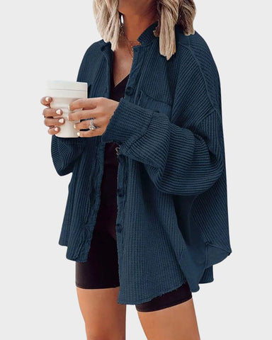 Oversized Batwing Waffle Knit Button-Down Shacket