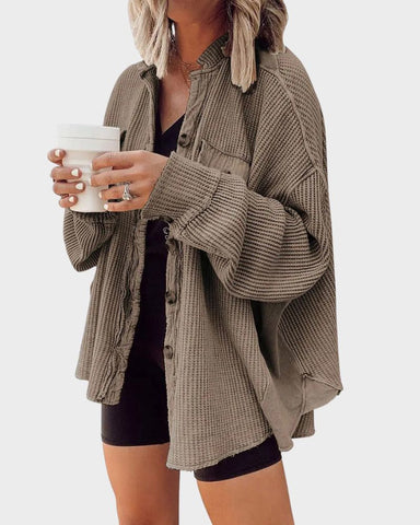 Oversized Batwing Waffle Knit Button-Down Shacket