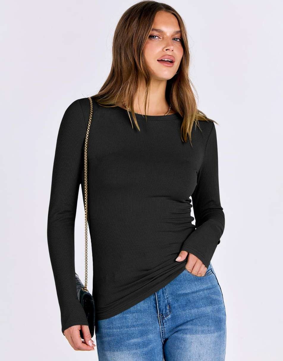 Women Long Sleeve Crewneck Rib Knit Slim Fit Shirts