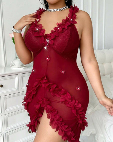 Sexy Plus Size V-Neck Spaghetti Strap Nightie with Backless Ruffles