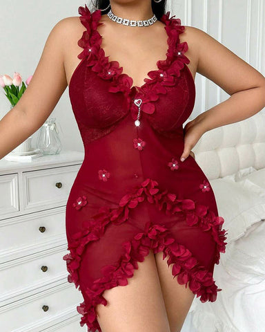 Sexy Plus Size V-Neck Spaghetti Strap Nightie with Backless Ruffles