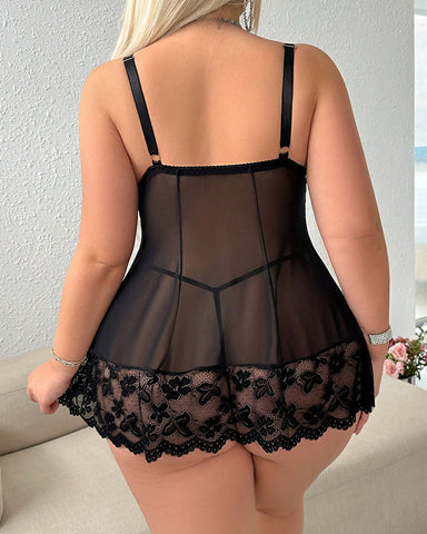 Plus Size Sexy Lace Hollow See-Through Camisole Sleepwear Set