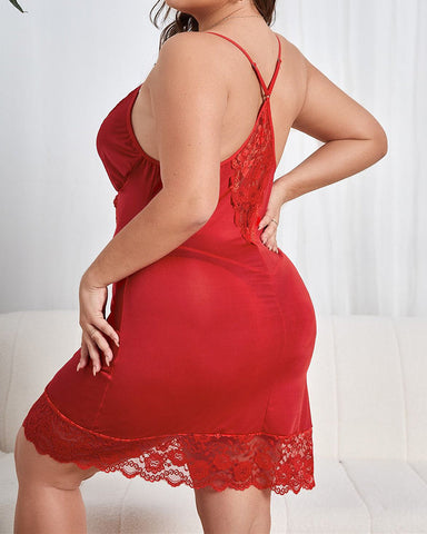 Plus Size Sexy Sheer Deep V Backless Cami Dress with Bow Detail & Panty