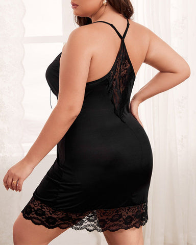 Plus Size Sexy Sheer Deep V Backless Cami Dress with Bow Detail & Panty