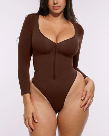 Long Sleeve Zipper Front Thong Bodysuit
