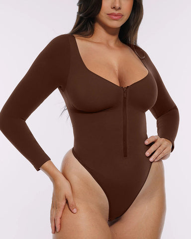 Long Sleeve Zipper Front Thong Bodysuit