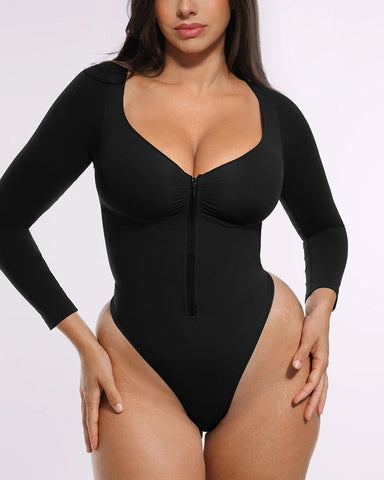 Long Sleeve Zipper Front Thong Bodysuit