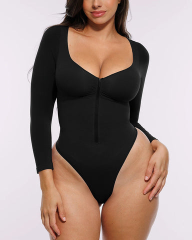 Long Sleeve Zipper Front Thong Bodysuit