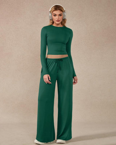 Women’s 2-Piece Activewear Set: Long-Sleeve Crop Top & Wide-Leg Pants | Stretchy Yoga/Workout/Running Clothes