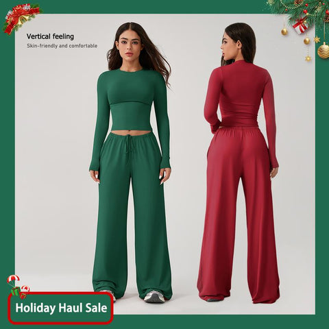 Women’s 2-Piece Activewear Set: Long-Sleeve Crop Top & Wide-Leg Pants | Stretchy Yoga/Workout/Running Clothes