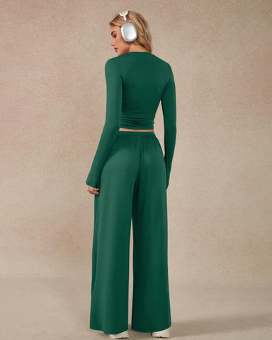 Women’s 2-Piece Activewear Set: Long-Sleeve Crop Top & Wide-Leg Pants | Stretchy Yoga/Workout/Running Clothes