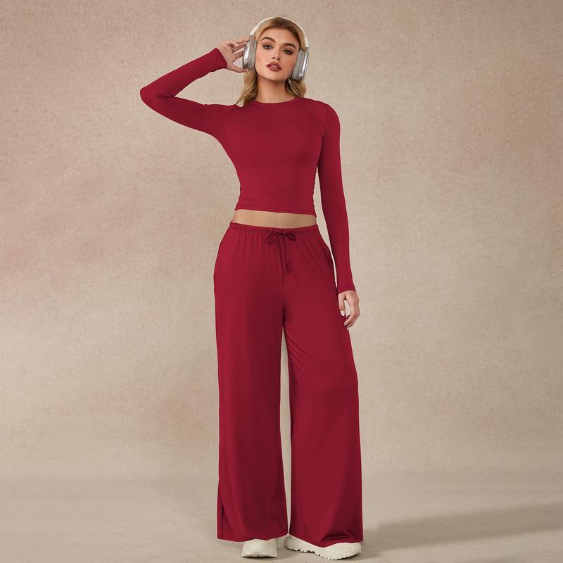Women’s 2-Piece Activewear Set: Long-Sleeve Crop Top & Wide-Leg Pants | Stretchy Yoga/Workout/Running Clothes