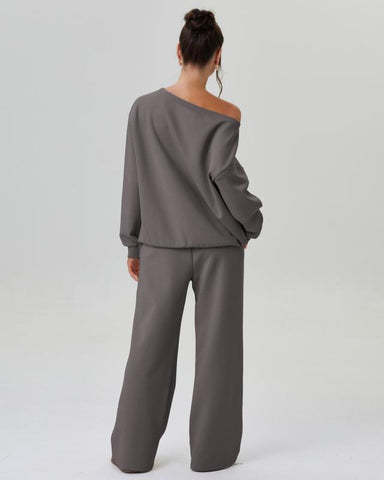 Women’s Cozy Two-Piece Lounge Set – One-Shoulder Long Sleeve Top & Wide-Leg Pants