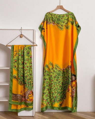 Women's Peacock Print Cape Shawl & Scarf Set – Elegant Beach Swim Cover-Up