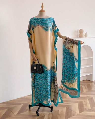 Women's Peacock Print Cape Shawl & Scarf Set – Elegant Beach Swim Cover-Up