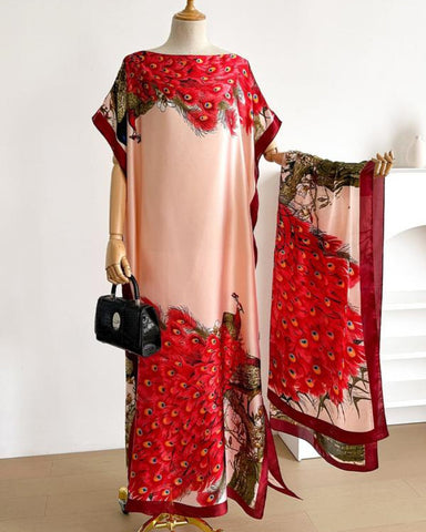 Women's Peacock Print Cape Shawl & Scarf Set – Elegant Beach Swim Cover-Up