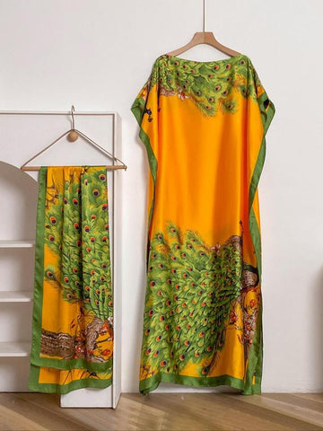 Women's Peacock Print Cape Shawl & Scarf Set – Elegant Beach Swim Cover-Up