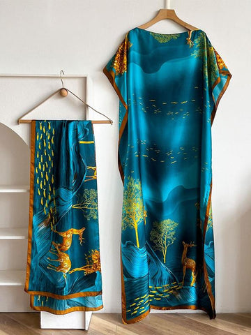 Women's Peacock Print Cape Shawl & Scarf Set – Elegant Beach Swim Cover-Up