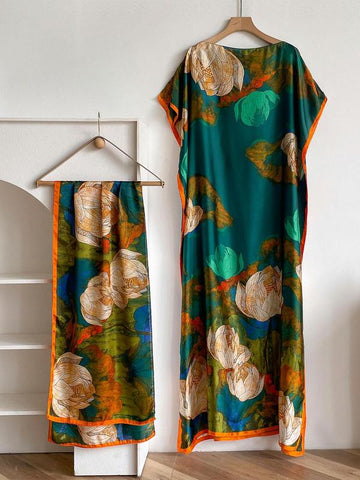 Women's Peacock Print Cape Shawl & Scarf Set – Elegant Beach Swim Cover-Up