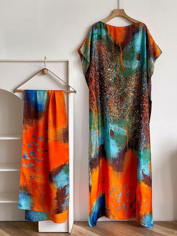 Women's Peacock Print Cape Shawl & Scarf Set – Elegant Beach Swim Cover-Up