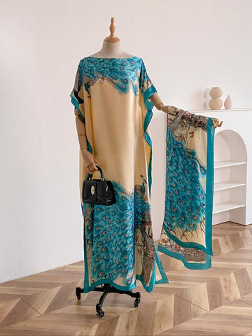 Women's Peacock Print Cape Shawl & Scarf Set – Elegant Beach Swim Cover-Up