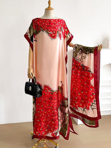 Women's Peacock Print Cape Shawl & Scarf Set – Elegant Beach Swim Cover-Up