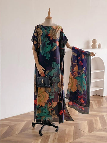 Women's Peacock Print Cape Shawl & Scarf Set – Elegant Beach Swim Cover-Up