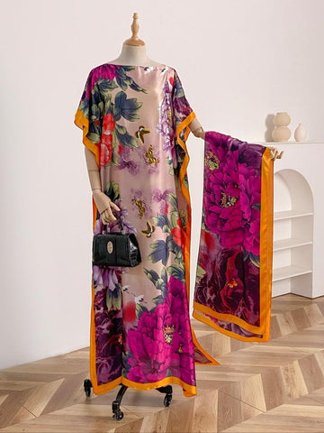 Women's Peacock Print Cape Shawl & Scarf Set – Elegant Beach Swim Cover-Up
