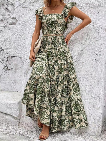 Ethnic Pattern Butterfly-Sleeve Crop Top & Shirred High Waist A-Line Skirt Set