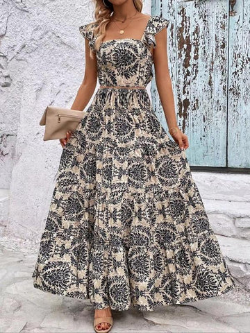 Ethnic Pattern Butterfly-Sleeve Crop Top & Shirred High Waist A-Line Skirt Set