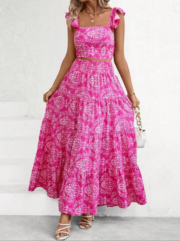 Ethnic Pattern Butterfly-Sleeve Crop Top & Shirred High Waist A-Line Skirt Set