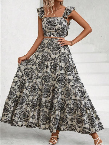 Ethnic Pattern Butterfly-Sleeve Crop Top & Shirred High Waist A-Line Skirt Set