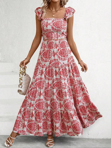 Ethnic Pattern Butterfly-Sleeve Crop Top & Shirred High Waist A-Line Skirt Set