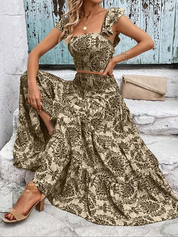 Ethnic Pattern Butterfly-Sleeve Crop Top & Shirred High Waist A-Line Skirt Set