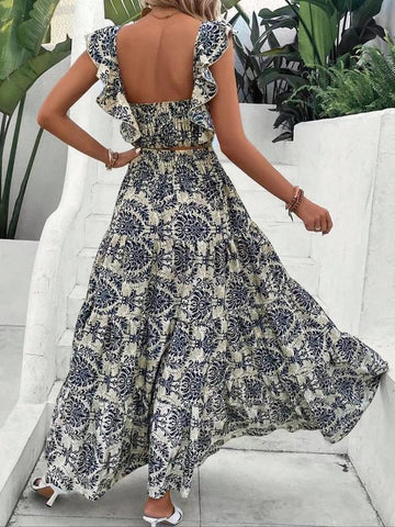 Ethnic Pattern Butterfly-Sleeve Crop Top & Shirred High Waist A-Line Skirt Set