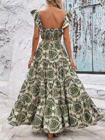 Ethnic Pattern Butterfly-Sleeve Crop Top & Shirred High Waist A-Line Skirt Set