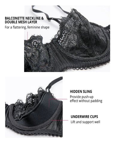 Women's Sexy Lace Push Up Plus Size Bra Sheer Balconette Underwire Unlined