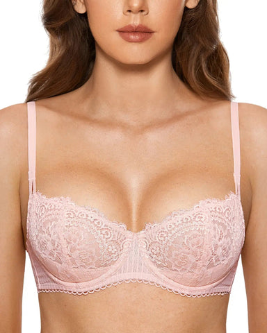 Women's Sexy Lace Push Up Plus Size Bra Sheer Balconette Underwire Unlined