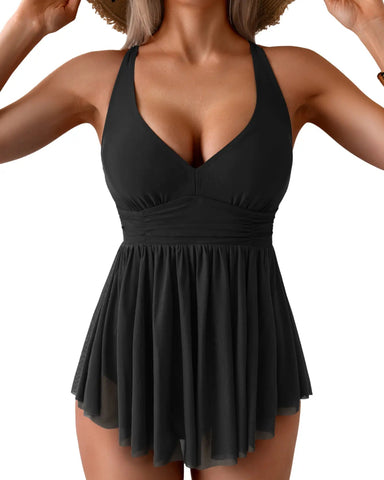 V-Neck Mesh Swim Dress with Tummy Control & Tie Back