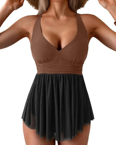 V-Neck Mesh Swim Dress with Tummy Control & Tie Back