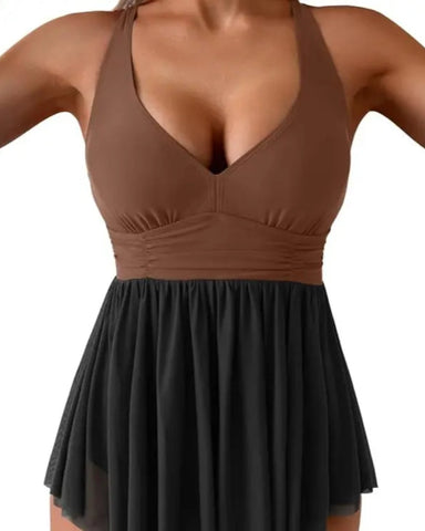 V-Neck Mesh Swim Dress with Tummy Control & Tie Back