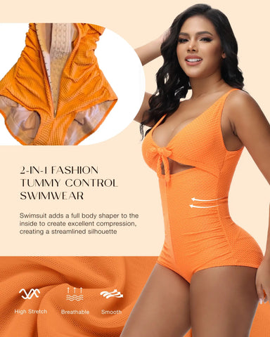 Plus Size Tummy Control One Piece Swimsuit Cutout Tie Knot Slimming Bathing Suit