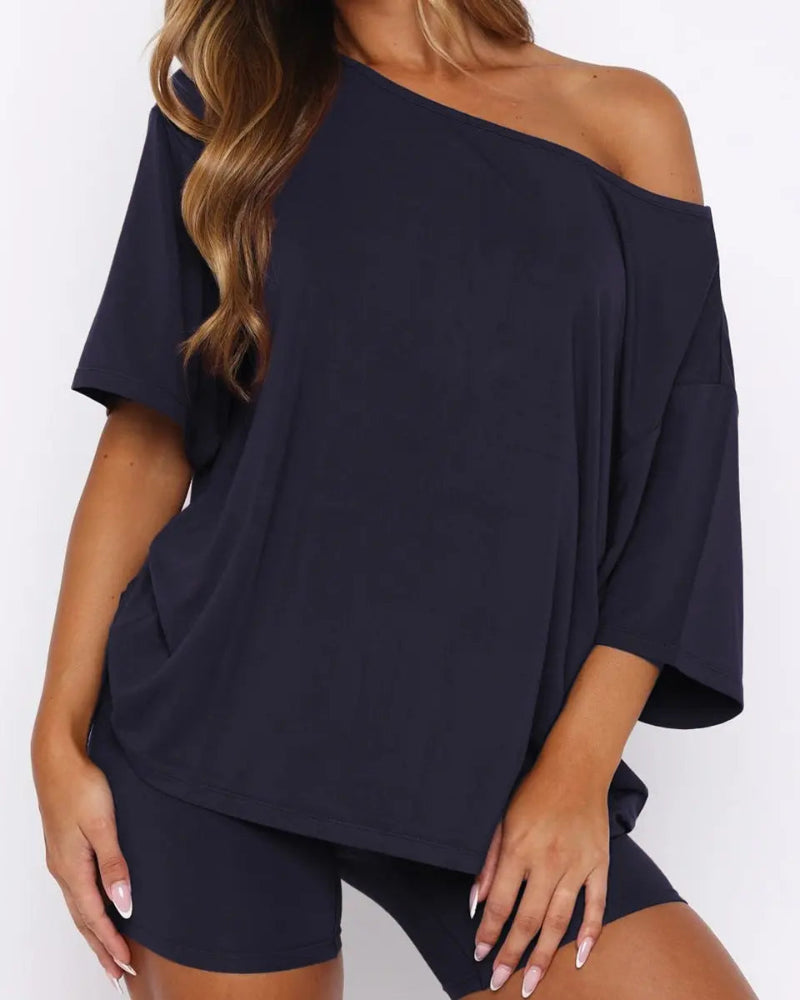 Women’s Two Piece Lounge Set Off Shoulder Top and Shorts
