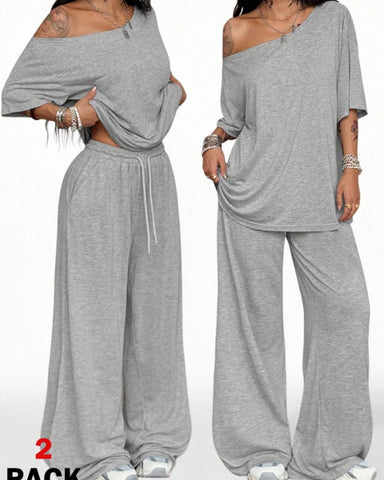 Women's Off-Shoulder Tee Wide-Leg Pants 2P Set