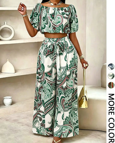 Women’s Paisley Summer Two-Piece Set, Off-Shoulder Top & Wide-Leg Pants