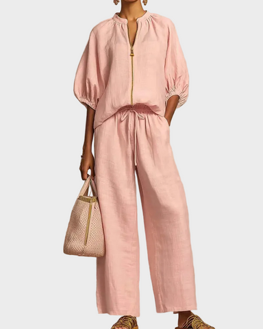 Women’s Lounge Set, Zip Top & Wide Leg Pants 2-Piece Casual Outfit