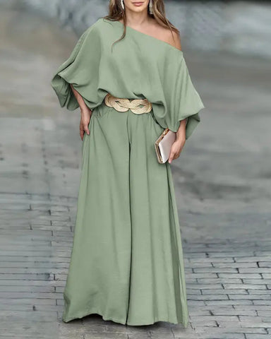 Skew Neck Set – Lantern Top & Wide Leg Pants