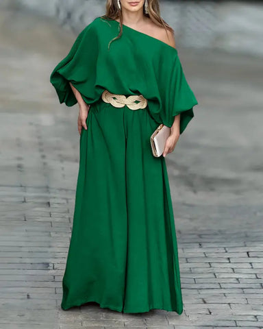 Skew Neck Set – Lantern Top & Wide Leg Pants