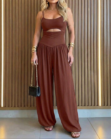 Cut-Out Cami Jumpsuit — Backless Ruched Romper with Pockets