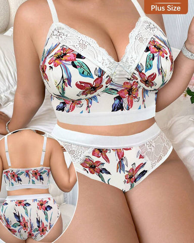 Wireless Plus Size Floral Lingerie Set, Soft & Cozy Fit